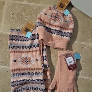 Pink and Blue Knit Hat, Scarf, and Gloves Set